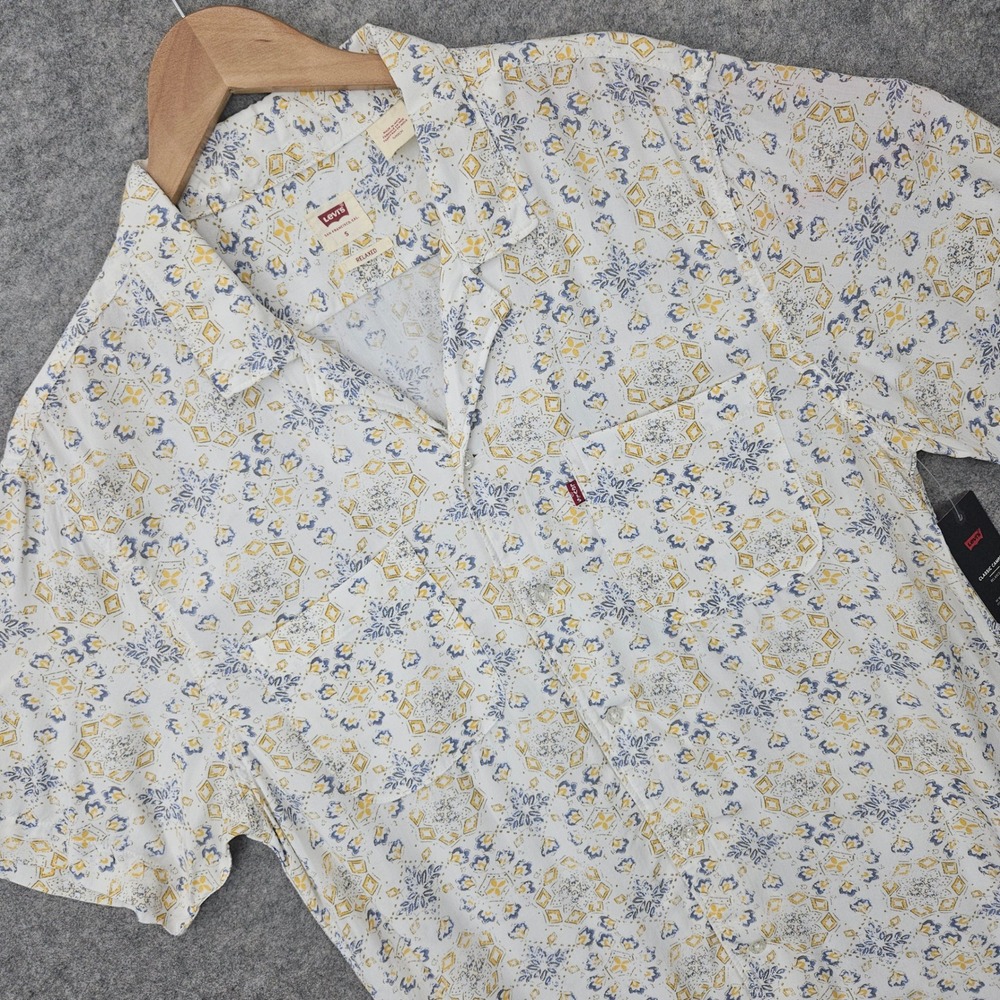 NEW Levis Classic Camper Shirt Men's Small White Printed Relaxed Fit Viscose NWT
